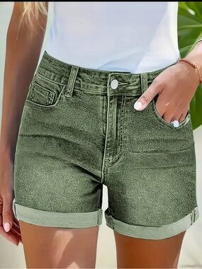 High-Rise Olive Green Rolled-Hem Jean Shorts